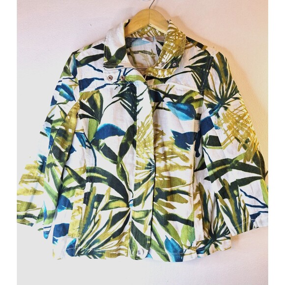 CHICO'S 100% Linen Floral Jacket Women's M Full Zip Tropical Resort Wear Beachy - Picture 1 of 10